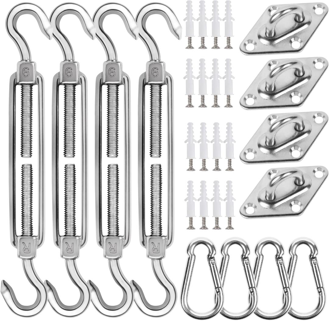 yofit 44 Pcs Shade Sail Hardware Kit, 6 Inch Outdoor Sun Sail Accessories, 304 Stainless Steel Turnbuckles & Brackets for Triangle/Rectangle Sails, Patio Canopy Installation Hardware Set Waterproof