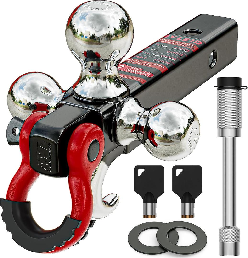 Ayleid Trailer Hitch Tri-Ball Mount with Hook&Pin&Rotatable Tow Shackle,Fits 2-in Receiver with 1-7/8-in,2-in,2-5/16-in Hitch Ball with Anti-Theft Locking Hitch Pin