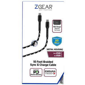 Zgear USB-C/C Fast Charge Braided Cable with EnduraTech (10 ft) 2 Pack