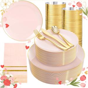 NOCCUR 350PCS Pink Plates Disposable - Pink Gold Plastic Dinnerware Set for 50 Guests Include 100 Dinner/Dessert Plates,150 Cutlery,50 Cups&50 Napkins - Ideal for Party/Wedding/Mother's Day