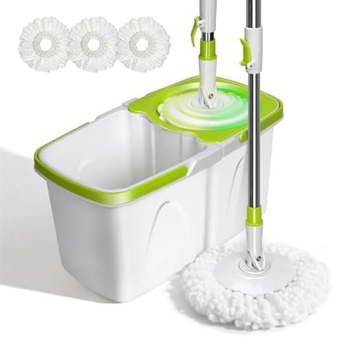 Spin Mop and Bucket, Masthome Mop and Bucket Set with Wringer. 4L Detachable Bucket Small, Separate Clean and Dirty Water, Adjustable 50" Handle, 3 Microfiber Pads for Wet/Dry Hardwood Tile Floor Cleaning