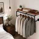 58 Inch Industrial Pipe Wall Clothing Rack with Shelves, Solid Wood, Black