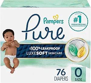 Pampers Pure Protection Baby Diapers, Size 0 (>10 lbs), 76 Count, Up to 100% Leakproof, Premium PlantBased Skin Protection, Hypoallergenic Soft Diapers