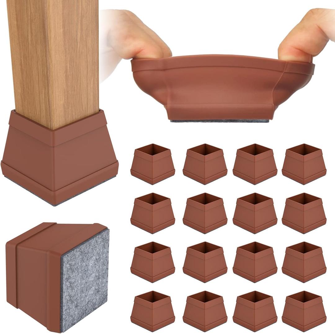 16 PCS Square Chair Leg Floor Protector, Silicone Chair Leg Cover, Furniture Leg Protectors with Felt, Mobile Table Leg pad, Protect The Floor from Scratches.1 1/2 in Brown.