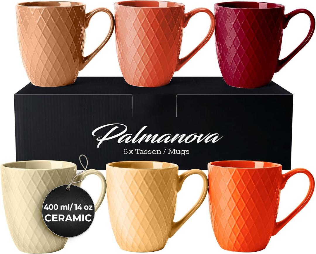 MIAMIO - Coffee Mugs set of 6 / Coffee Cups - 6 x 14 Oz Ceramic Mugs - Large Coffee Mugs - Microwave & Dishwasher safe - Palmanova Collection (Red)