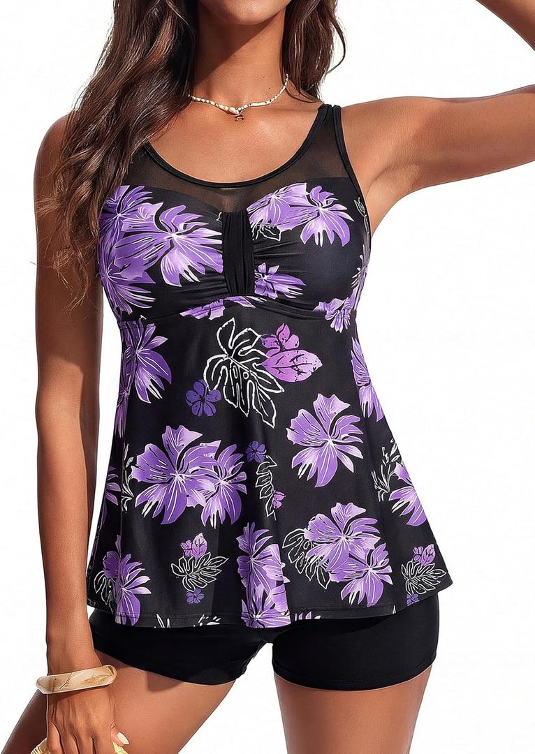 Hanna Nikole Women Two Piece Tankini Swimsuit Modest Bathing Suit Mesh Flowy Swim Top with Tummy Control Boy Shorts, Size 2XL