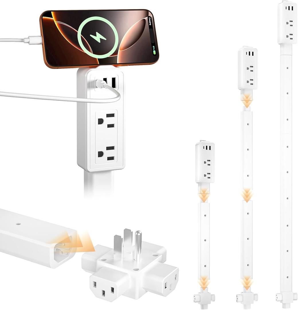 Electrical Outlet Extender Stick-Extension Cord with 2 USB-A,USB-C and 2 AC Outlet Extender,Power Strips Extendable 6", 15.3", 24.5", 34" for Behind Couches,Bed (1Pack)