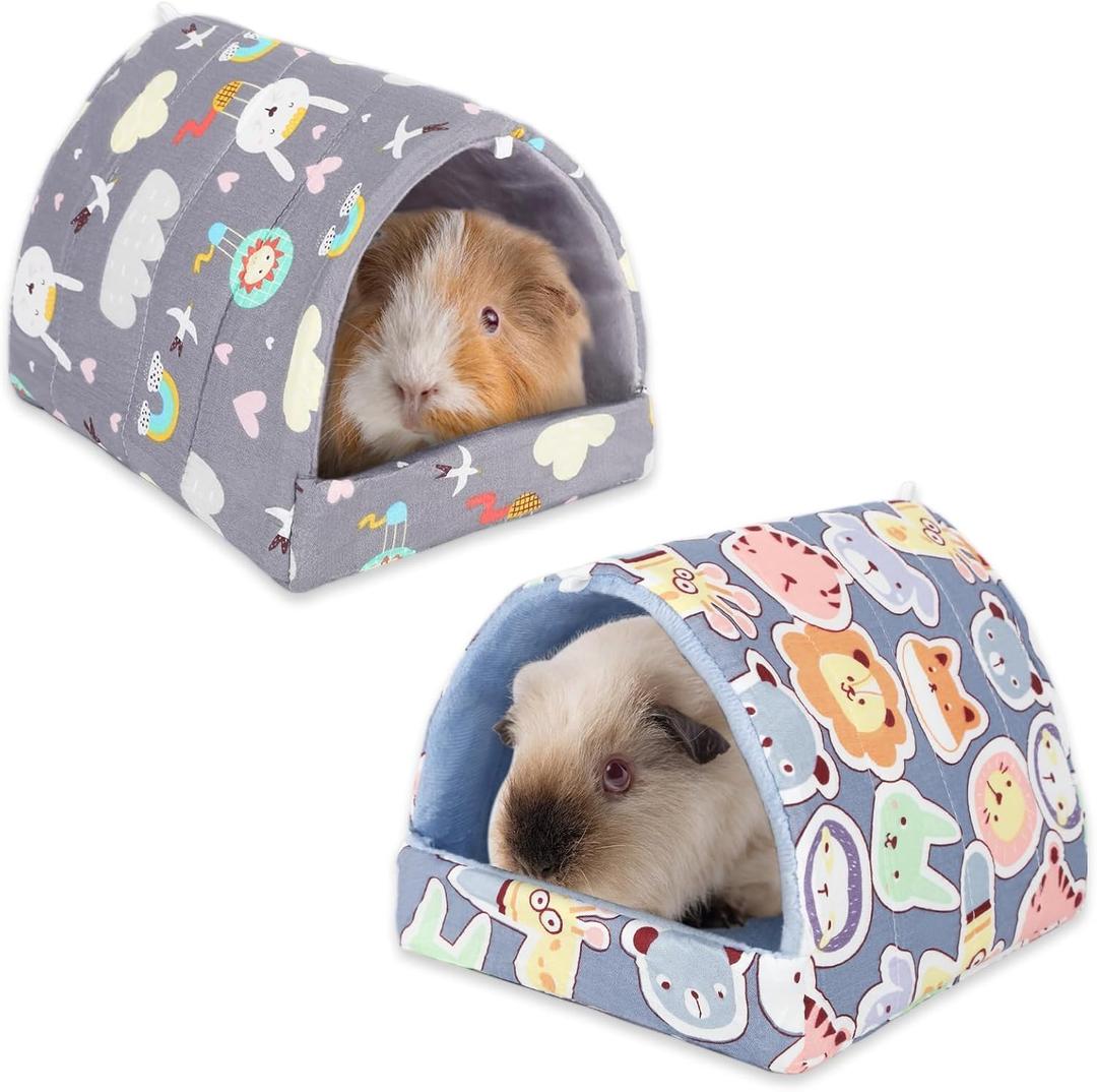 UPINS 2 Pack Guinea Pig Hideout,Guinea Pig Bed Washable Small Animal House Cage Accessories for Mouse Chinchillas Hamsters Hedgehogs Ferrets Bearded Dragons and Rats (6.8 x 7.4 inch, Grey Dark Blue)
