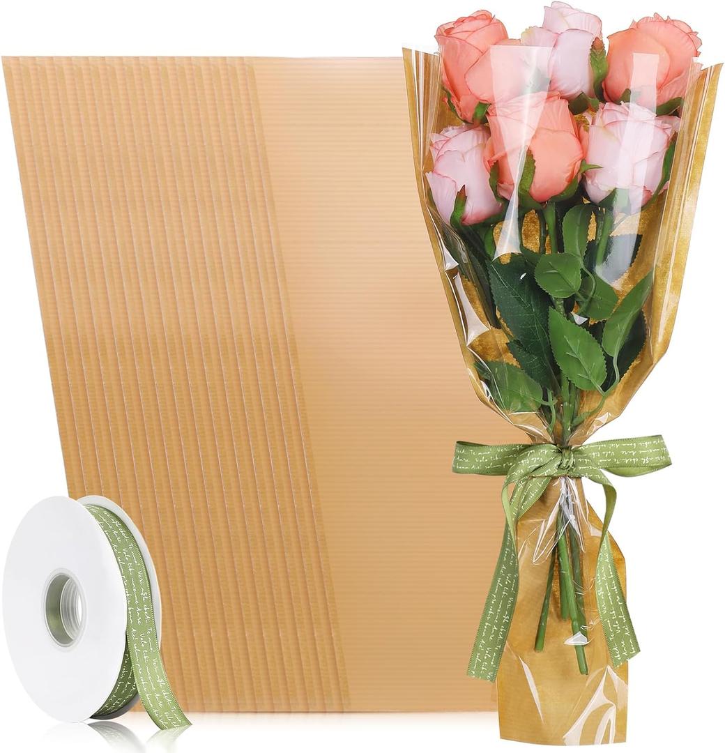 tchrules 50PCS Flower Bouquet Wrapping Paper with Ribbon, Kraft Flower Sleeves for Bouquets, Brown Floral Packing Bags Bulk for Valentine's Day Mother's Day Graduation Wedding, 17.7x9.4x3.5 inch