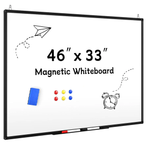 Magnetic Dry Erase White Board - 46 x 33 Inch Whiteboard for Wall - 4 x 3 Large Wall-Mounted Board with Black Aluminum Frame, 1 Magnetic Eraser, 2 Pens, 1 Detachable Marker Tray, 6 Magnets