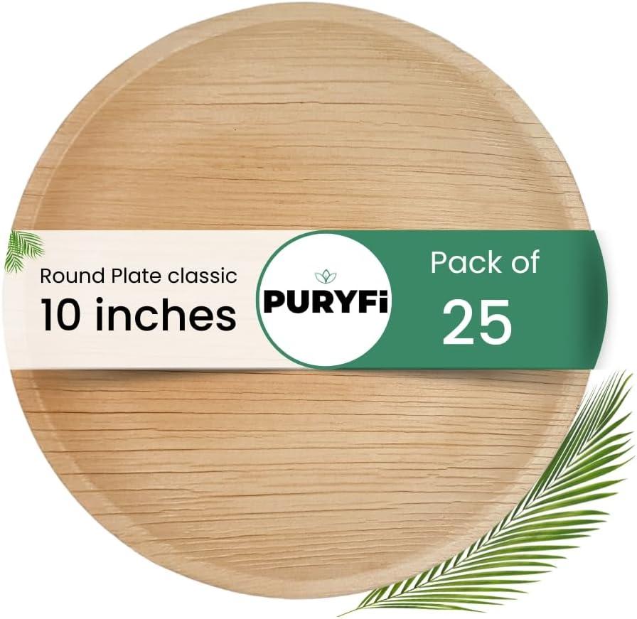 Disposable Palm Leaf 10 inches Classic Round Plates (Pack of 25) Bamboo Like Serving Platters, Disposable Boards, Eco-Friendly Dinnerware For Weddings, Catering, Events