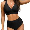 Women's High Waisted Bikini Set Large Bust Supportive Crossover Back V-Neck Two-Piece Swimsuit Bathing Suits (Black, S)