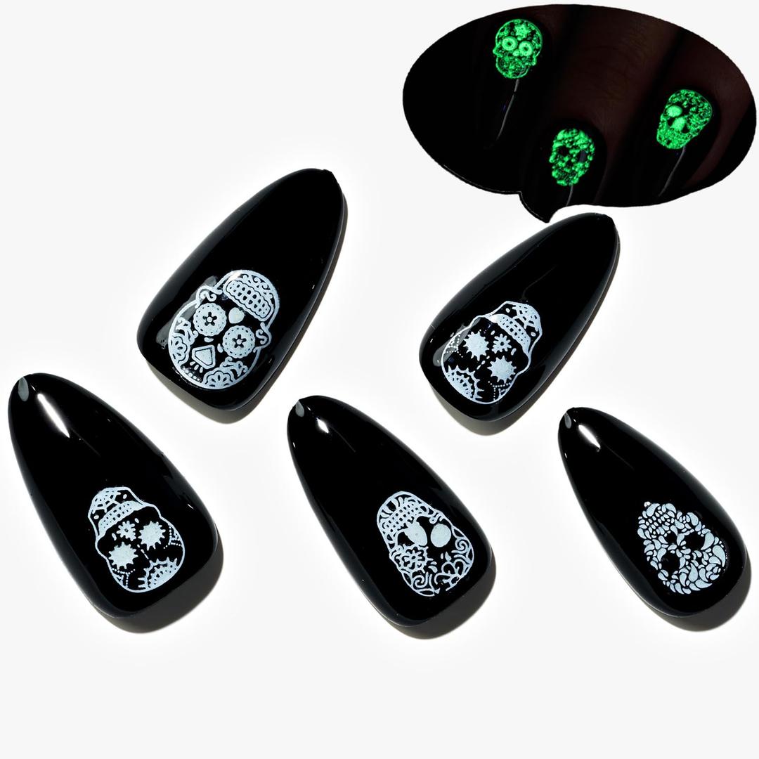 GLAMERMAID Gothic Black Press on Nail Medium Almond, Handmade Jelly Gel Fake Nail with Skull Design, Luminous Glue on Nail Short Oval, Reusable Acrylic Stiletto Stick on False NailS Kit for Women