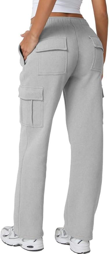 QINSEN Baggy Medium Waist Elastic Sweatpants for Womens Casual Long Fleece Cargo Pants with Pockets, M, Gray