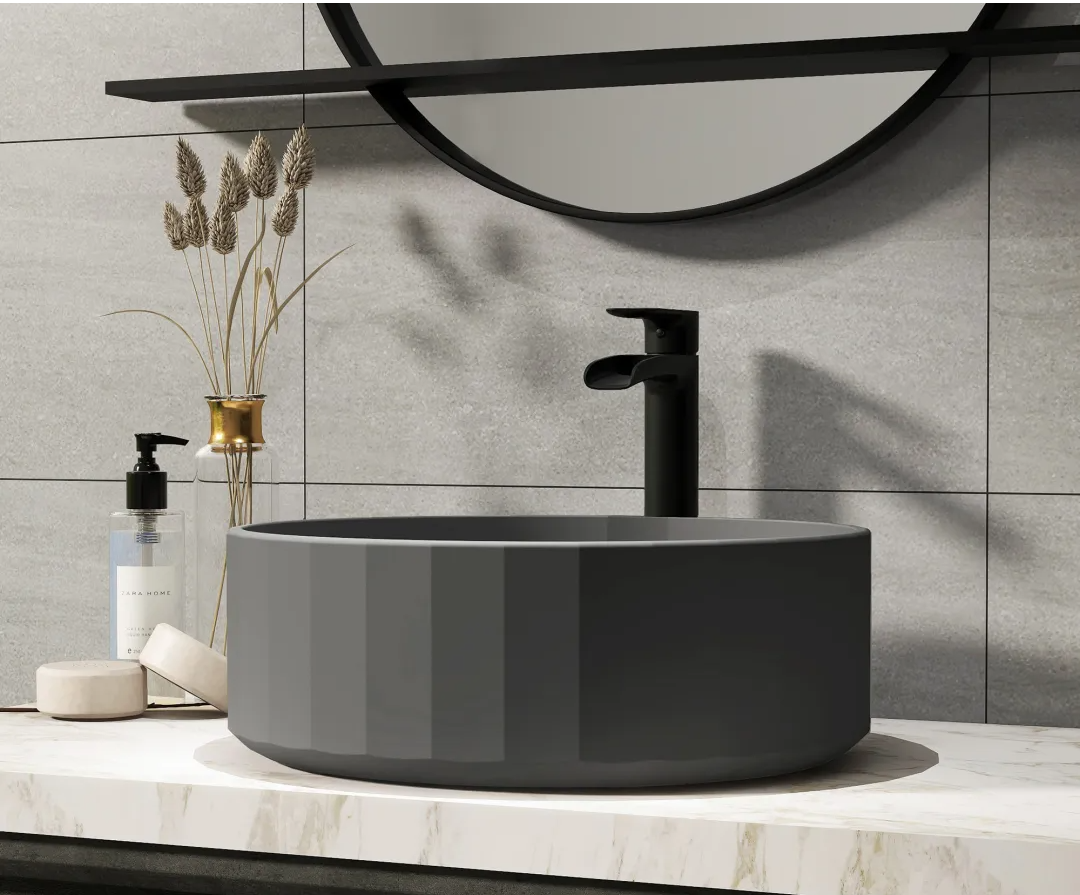 17in Bathroom Concrete Round Vessel Sink with Drainer in Black Earth / Mottled Bluish Grey / Taupe Clay