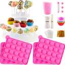 Cake Pop Maker Kit with 2 Silicone Mold Sets with 3 Tier Cake Stand, Chocolate Candy Melts Pot, Silicone Cupcake Molds, Paper Lollipop Sticks, Decorating Pen with 4 Piping Tips, Bag and Twist Ties (9.06*7.48*1.57 inch, Pink)