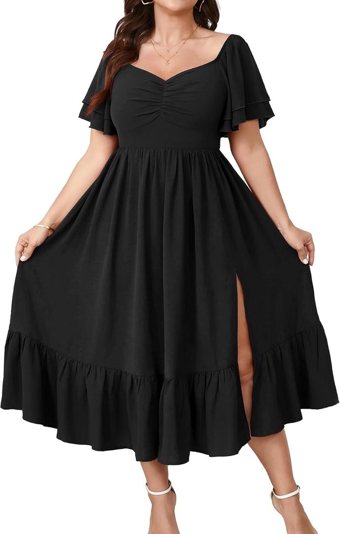 SCOMCHIC Womens Plus Size Wedding Guest Cocktail Dresses Sweetheart Neckline Short Sleeve Smocked Ruffle Slit Maxi Dress (Black, 1XL)