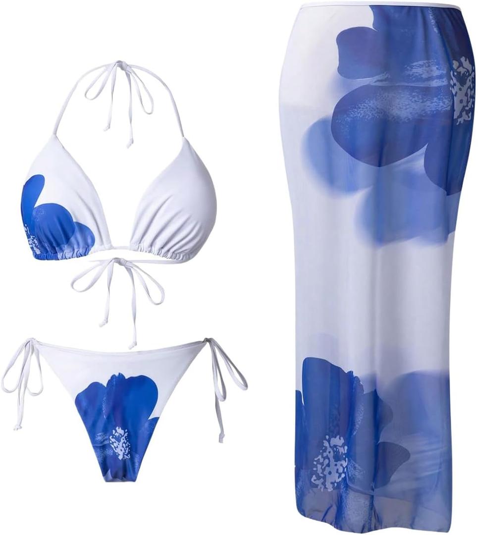 Verdusa Women's 3 Piece Floral Print Bikini Sets Swimsuit with Mesh Maxi Skirt Blue Small