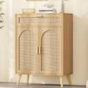 Rattan Buffet Cabinet with Storage, Sideboard with Drawer & Adjustable Shelf, Accent Kitchen Floor Storage Cabinet with 2 Doors & Solid Wood Feet, Coffee Bar for Living Room, Entryway, Natural Oak, 27.6"Wx 11.8"Dx 39.8"H