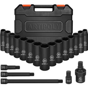 20 Pieces 1/2" Drive Metric Deep Impact Socket Set,10mm-24mm no skip, Includes Extension Bars, Universal Joint and Adapter, 6 Point Design, Meets ANSI Standards