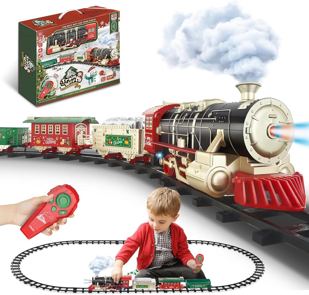 JQ JUQU Remote Control Train Set for Kids Ages 3-8 with Steam, Lights and Sounds, Electric Toy Train with 4 Cars and Tracks for Indoor Play and Holiday Decor
