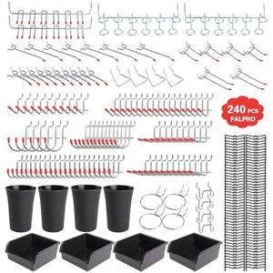 FALPRO 240PCS Pegboard Hooks Assortment, Pegboard Organizer Kit with Bins, Cups, 1/8 and 1/4 inch Hooks for Hanging Tools, Garage Wall Organization