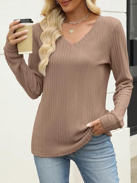 ANRABESS Womens V Neck Sweaters 2025 Fall Long Sleeve Shirts Lightweight Ribbed Knit Basic Casual Office Work Tunic Tops, Size Medium