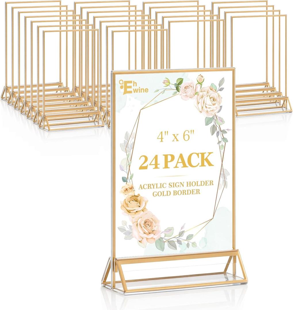 EHWINE 24 Pack Acrylic Sign Holder 4 x 6, Double Sided Gold Picture Frame Stand up Table Top Sign Holders, Clear Display Stand Menu Flyer Holder for Wedding Party