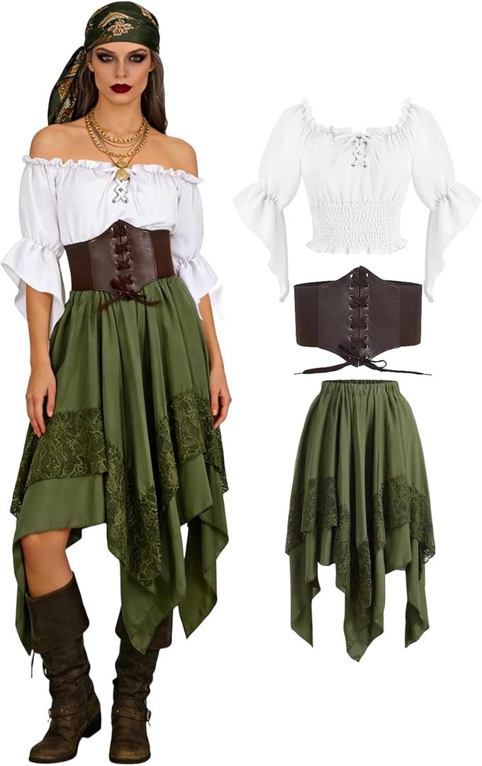Verceco Women Pirate Costume Adult Renaissance Medieval Outfit with Peasant Top and Pirates Skirt 3-Piece Halloween Set, Green, M