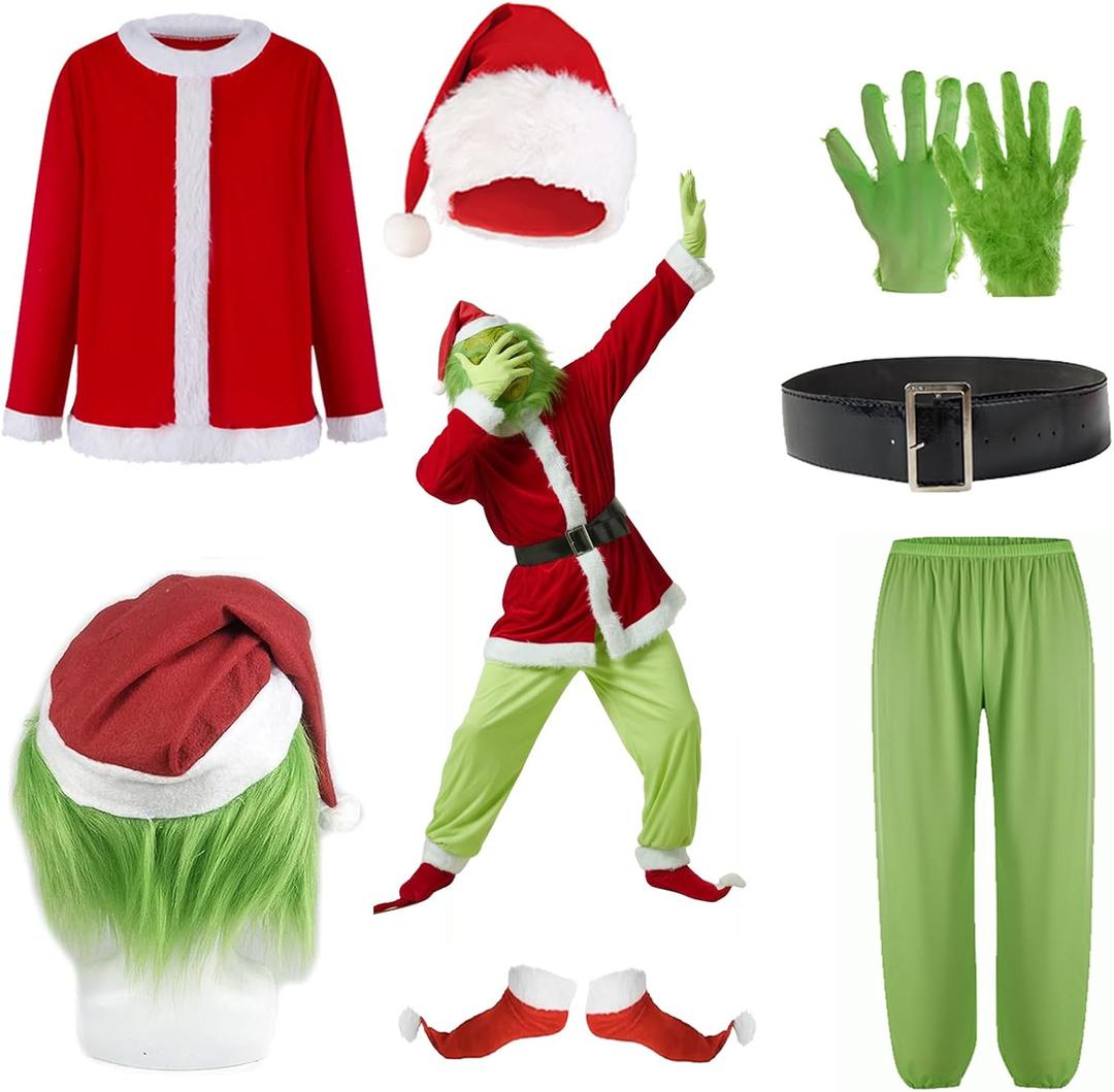Green Santa Monster Adult Christmas Costume Set - 7PCS Santa Claus Outfit with Mask Included