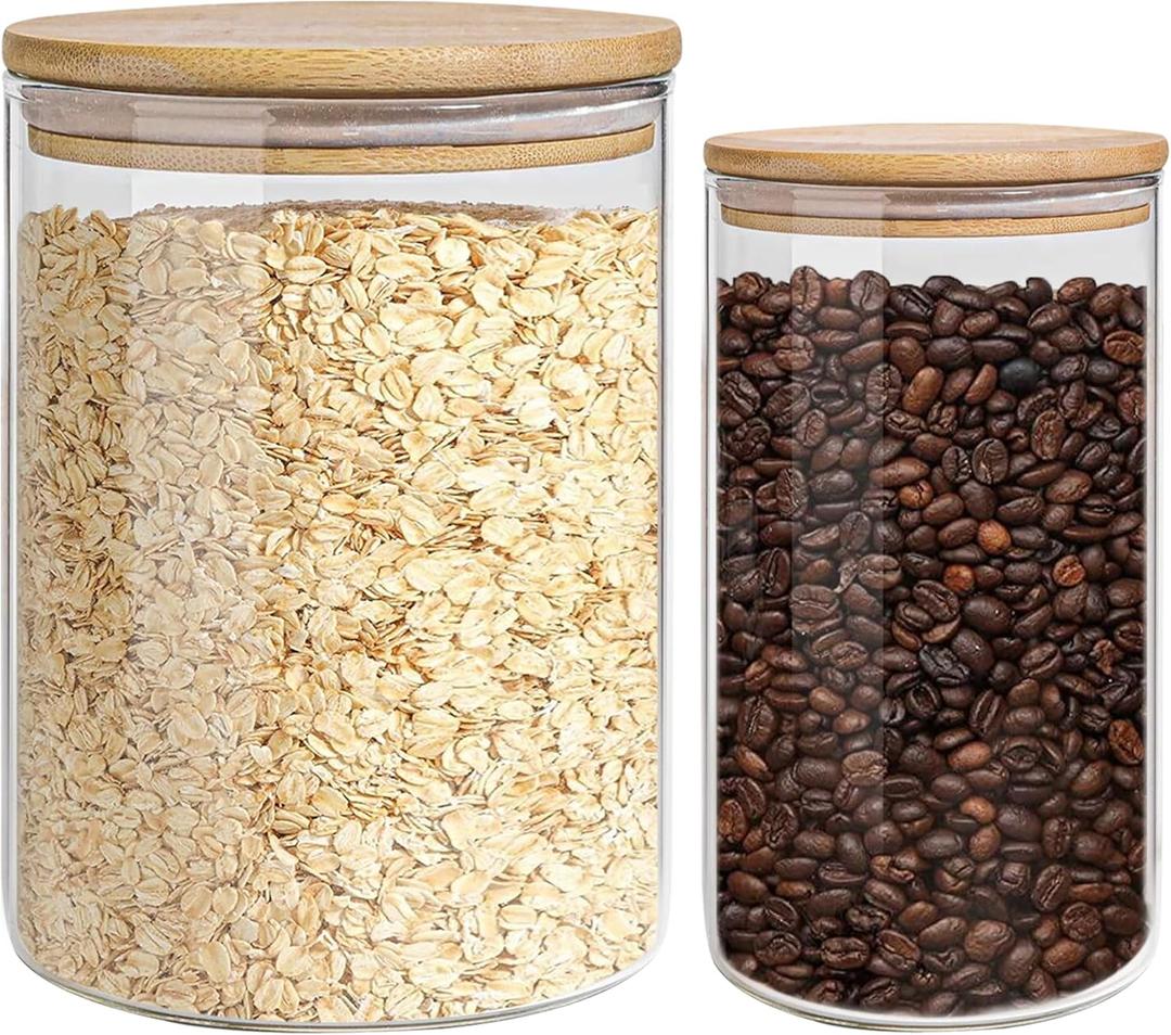Glass Storage Jars Set Elegant Containers With Airtight Bamboo Lids, Perfect For Kitchen Organization - Flour, Rice, Pasta, Sugar, Coffee Beans, Accessories Included (2 Packs (37Oz / 110Oz))