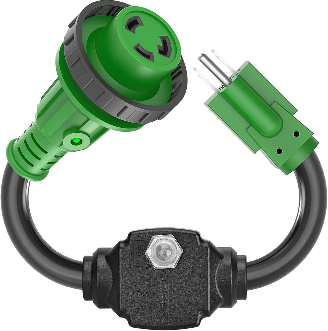 RVGUARD Overload Protector 30 Amp to 110 Volt RV Adapter Cord with Circuit Breaker, NEMA 5-15P to NEMA L5-30R Electrical Power Adapter with LED Power Indicator, 18 Inch, Green, ETL Listed