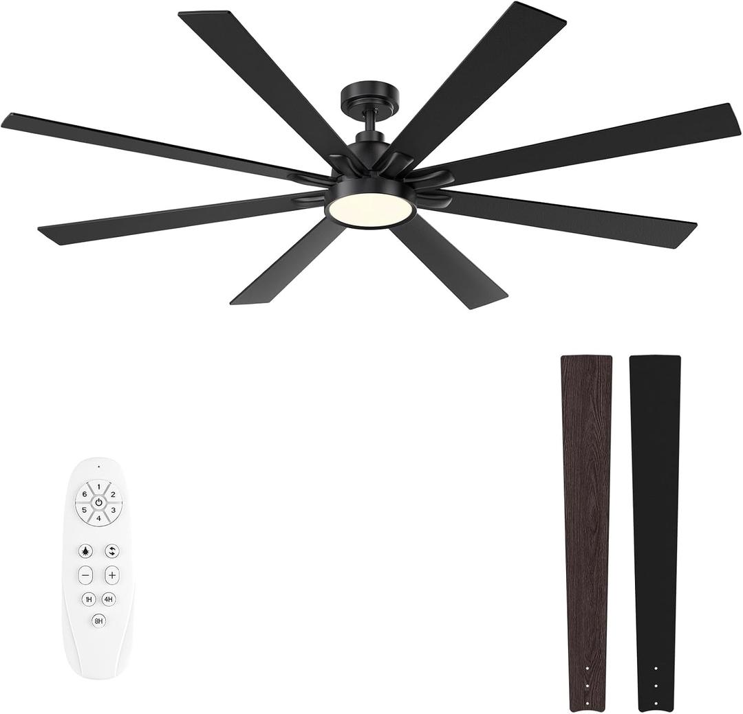 72 Inch Large Ceiling Fans with Lights and Remote - Wood/Matte Black Ceiling Fan, Quiet DC Motor, 3 CCT, Modern Dimmable LED Lighting & Large Ceiling Fans for Living Room Patio, Indoor/Outdoor
