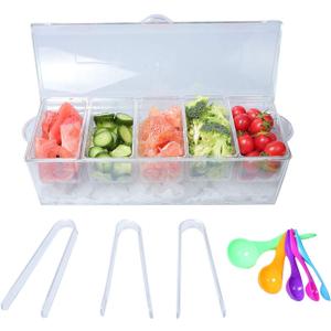 MorTime Ice Chilled Condiment Server with 5 Removable Compartments, Clear Sauce Caddy Serving Tray Container with Lid, Set of 5 Serving Spoons & 3 Tongs Included