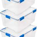 IRIS USA WeatherPro 60 Qt Storage Bins with Lids, 3 Pack, BPA-Free Plastic Gasket Box with Tight Latch and Seal, Stackable Nestable Tote Tub - Clear/Blue