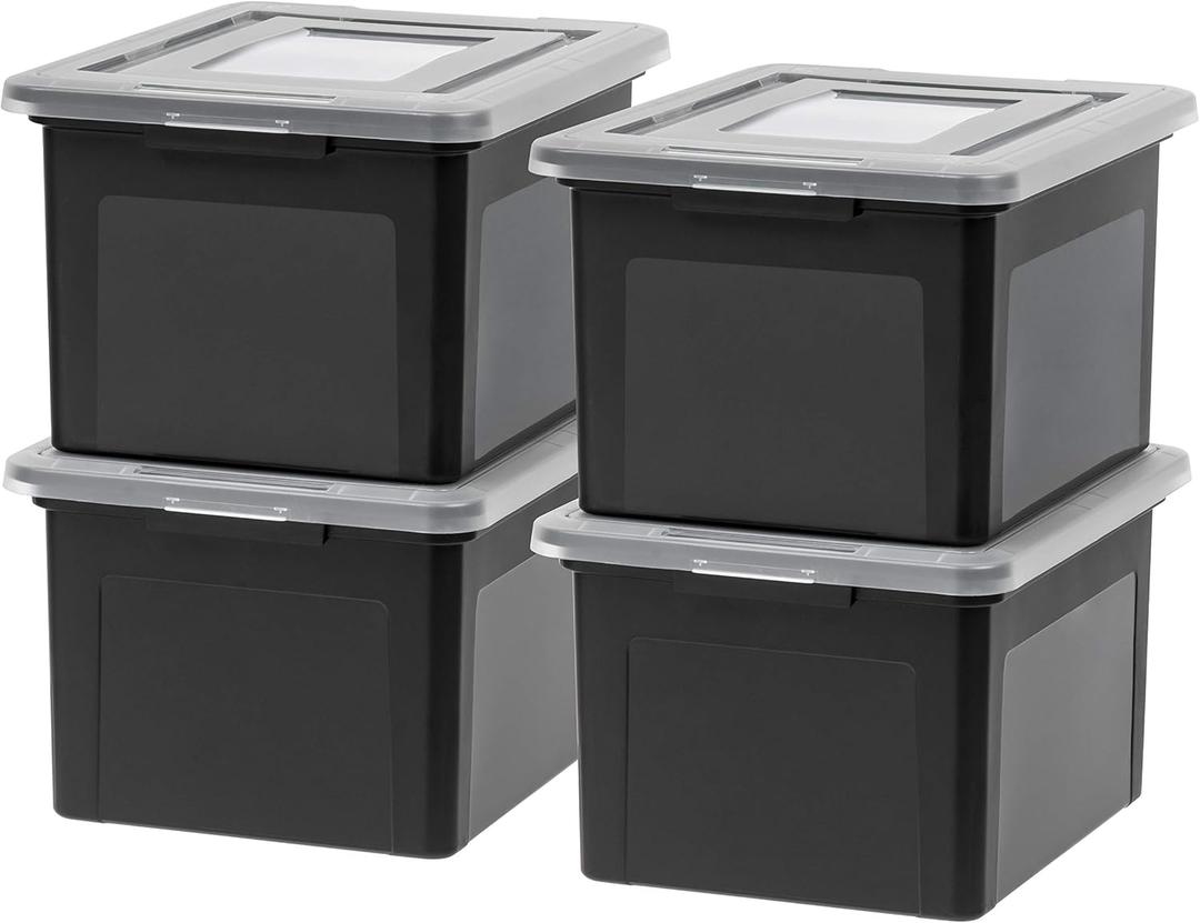 IRIS USA File Box, Plastic File Organizer with Lids for Letter/Legal File, Portable Document Box For Moving, Storage Bin with Durable and Secure Lid, Stackable Nestable BPA-Free, Black 35 Qt. 4 Pack