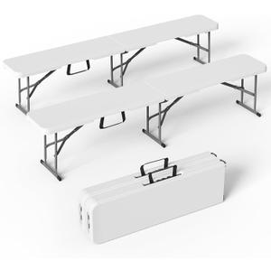 VSOAEIL 6 Foot Folding Bench, Portable Plastic Folding Bench Seat, Foldable Seat for Indoor Outdoor Picnic Camping Dining, Soccer Garden Multipurpose Entertaining Activities, White, 2 Pack