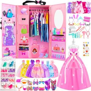 137 Pcs Doll Closet Playset Clothes and Accessories for 11.5 Inch Dolls, Included Princess Dresses, Fashion Dresses, Casual Clothing, Swimsuits,Bags, Shoes,Doll Dress up Toys for Girls Kids, Toddlers Gifts