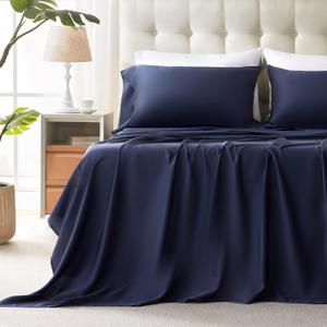 100% Lenzing Tencel Lyocell King Size Bed Sheet Set, 4 Piece Solid Indigo Blue Cooling Bed Sheet Set, Silky Soft & Luxury, 1 Deep Pocket Fitted Sheet & 1 Flat Sheet & 2 Pillowcases