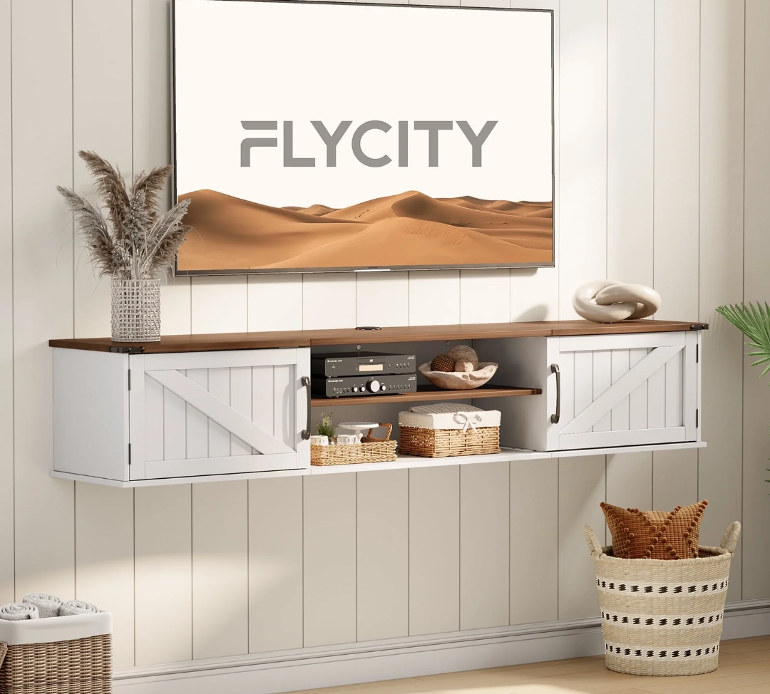 Floating TV Stand with Doors, 63'' Farmhouse Floating TV Shelf for TVs up to 80 Inch, 2 Tier Wall Mounted TV Stand, Floating Entertainment Center, TV Floating Cabinet for Living Room, Bedroom, White