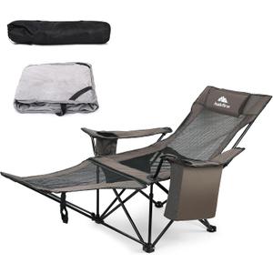 Reclining Camping Chair with Foot Rest Comfortable Lounge Beach Chair Portable Folding Camp Chairs for Adults with Cooler Bag, Cotton Cushion for Outdoor Sports 300 LBS (Coffee+black)