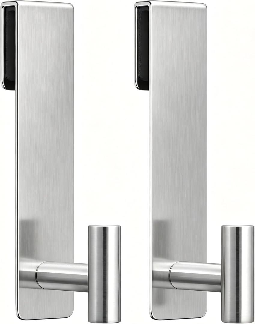 Shower Door Hooks, Heavy Duty Rack Hooks for Robe, Stainless Steel Robe Towel Hooks for Bathroom, Fits Frameless Glass Shower Doors up to 3/8" (10mm) Thick (Silver, 2 Pack)