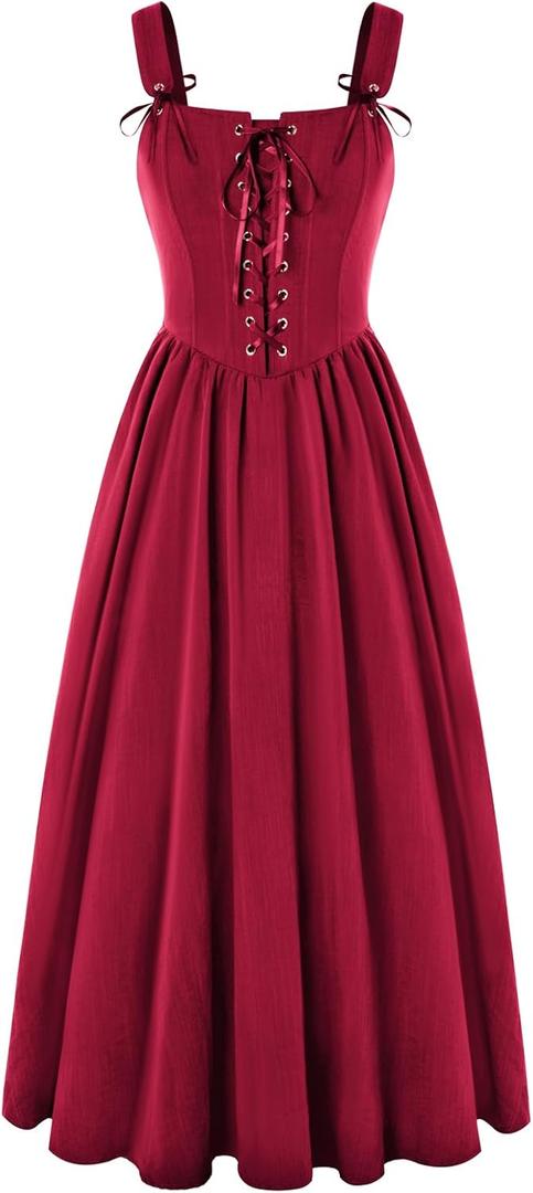 Scarlet Darkness Renaissance Dress Women Lace Up Cottagecore Sleeveless Long Dress Medieval Costume (Large, Red)