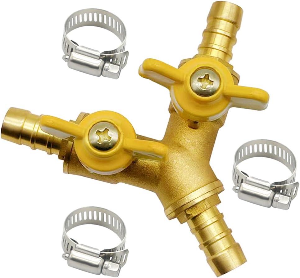 1/4" Hose Barb valve, Brass 3 Way Shut Off Valve Y Shaped 2 Switch Ball Valve (0.25 Inch)