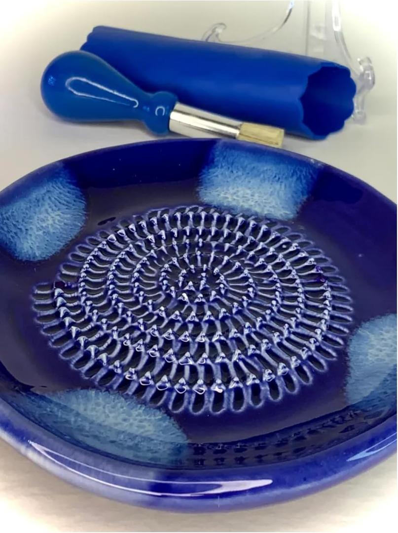 All-in-one Premium Ceramic Garlic Grater Plate 4-Piece Set - Blue Cross Glazed Design and Style - For Garlic, Ginger, Chocolate, and more! - Comes with 5.25" Plate, Peeler, Brush, and Stand