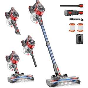 Cordless Stick Vacuum Cleaner - Rechargeable, 35Kpa Powerful Vacuums with Detachable Battery, LED Display, 45Mins Runtime, 8 in 1 Handheld Vacuum for Hardfloor & Carpets Pet Hair, Red
