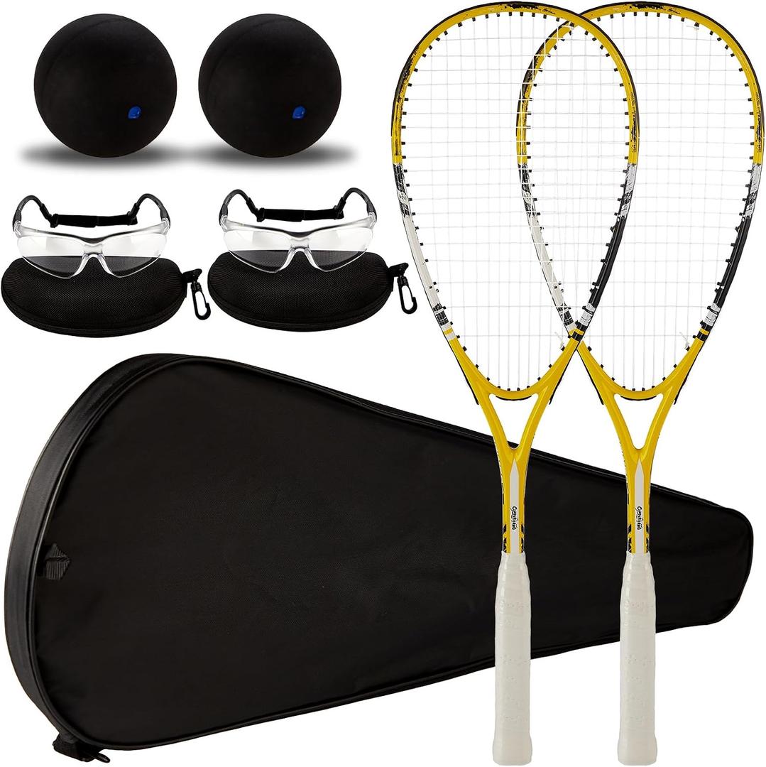 2 x 2 Pack Beginner Squash Racquet Set Includes Racquets with Racket Bags Anti Fog Goggles Cases Blue Dot Ball Indoor Gym Sports for Beginners Novice Training Recreational Play