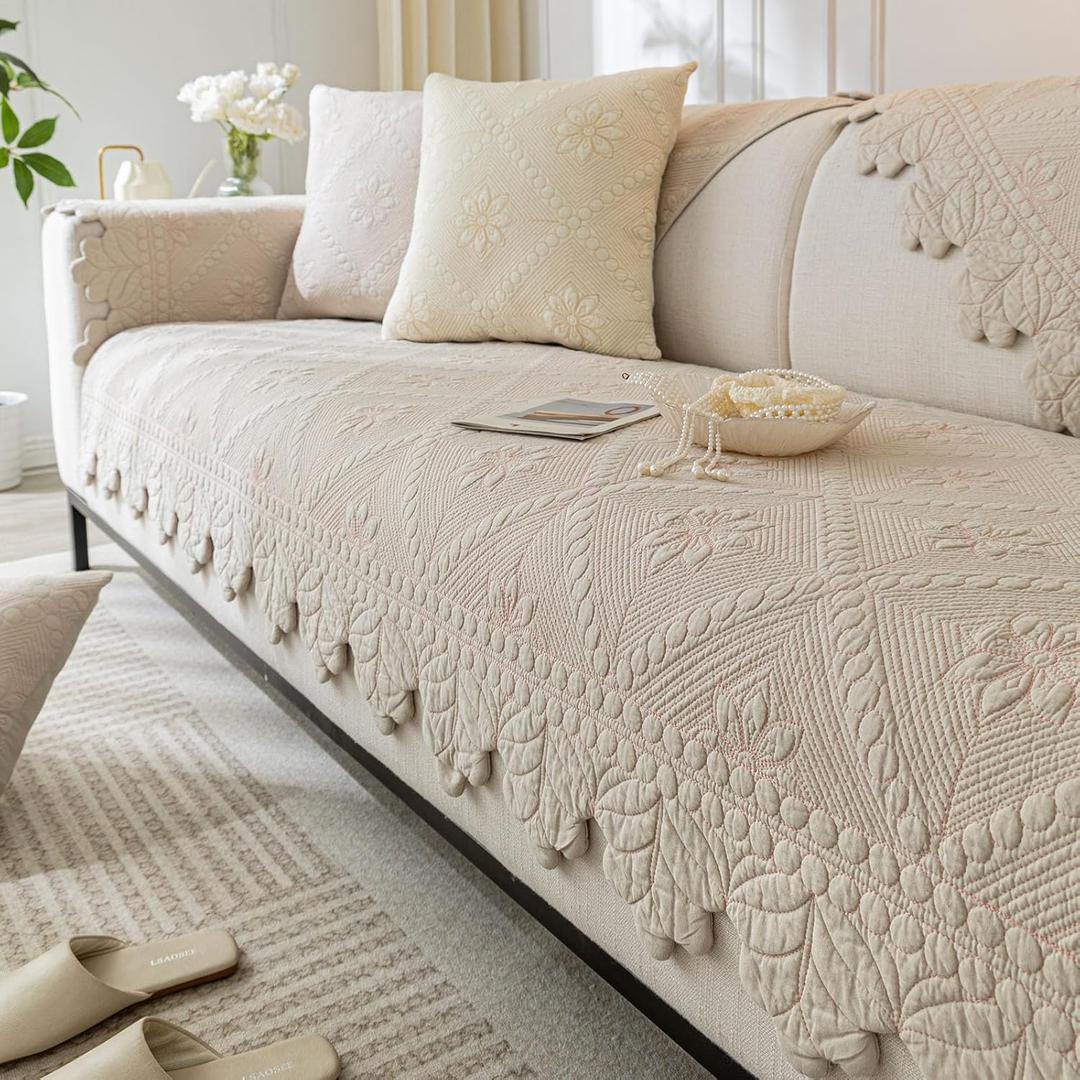 Cotton Quilted Dog Couch Cover for Sofa Farmhouse Rustic Embroidery Sectional Couch Cover Soft Anti-Slip Sofa Slipcover Furniture Protector for Kids, Pets (Khaki,28"x28")