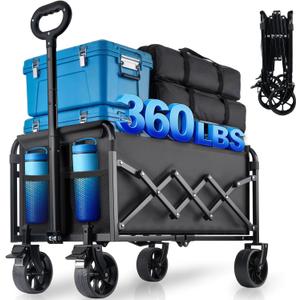 Collapsible Wagon Cart Foldable with Wheels - 360LBS Large Heavy Duty Folding Utility Wagon with All-Terrain Wheels & Brakes for Shopping Garden Beach Camping, 2 Drink Holders/Lightweight/Black