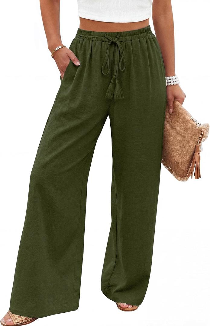 LOOKBOHO Women's Wide Leg Pants High Waisted Drawstring Loose Palazzo Pant Trendy Casual Flowy Beach Trousers with Pockets (Black, XL)